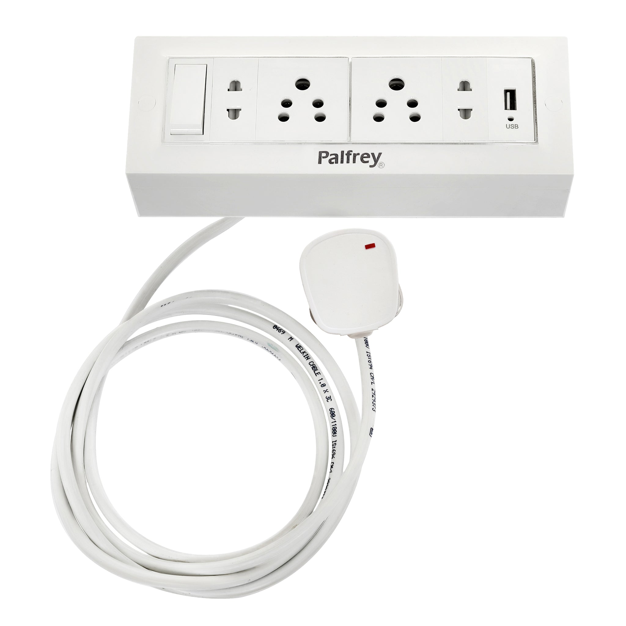Palfrey Electric Extension Board - 5A + 5A + 2 Universal Two Pin Socket + USB Socket with Master Switch and Heavy Duty Wire (White)