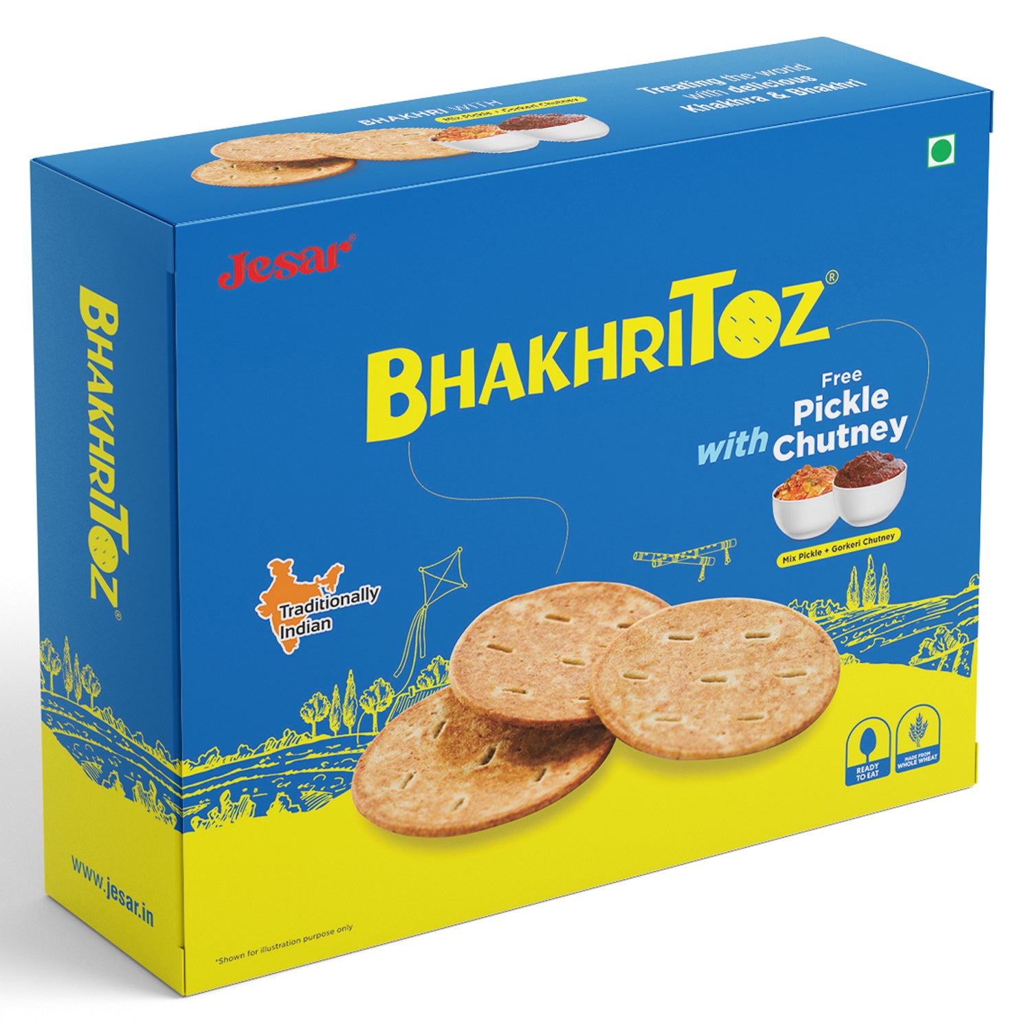 Jesar Namkeen Snacks Combo Methi Khakhra 200g -1 Pkt And BhakhriToz With Mix Pickle and Gorkeri chutney 55g - 5 Pkt