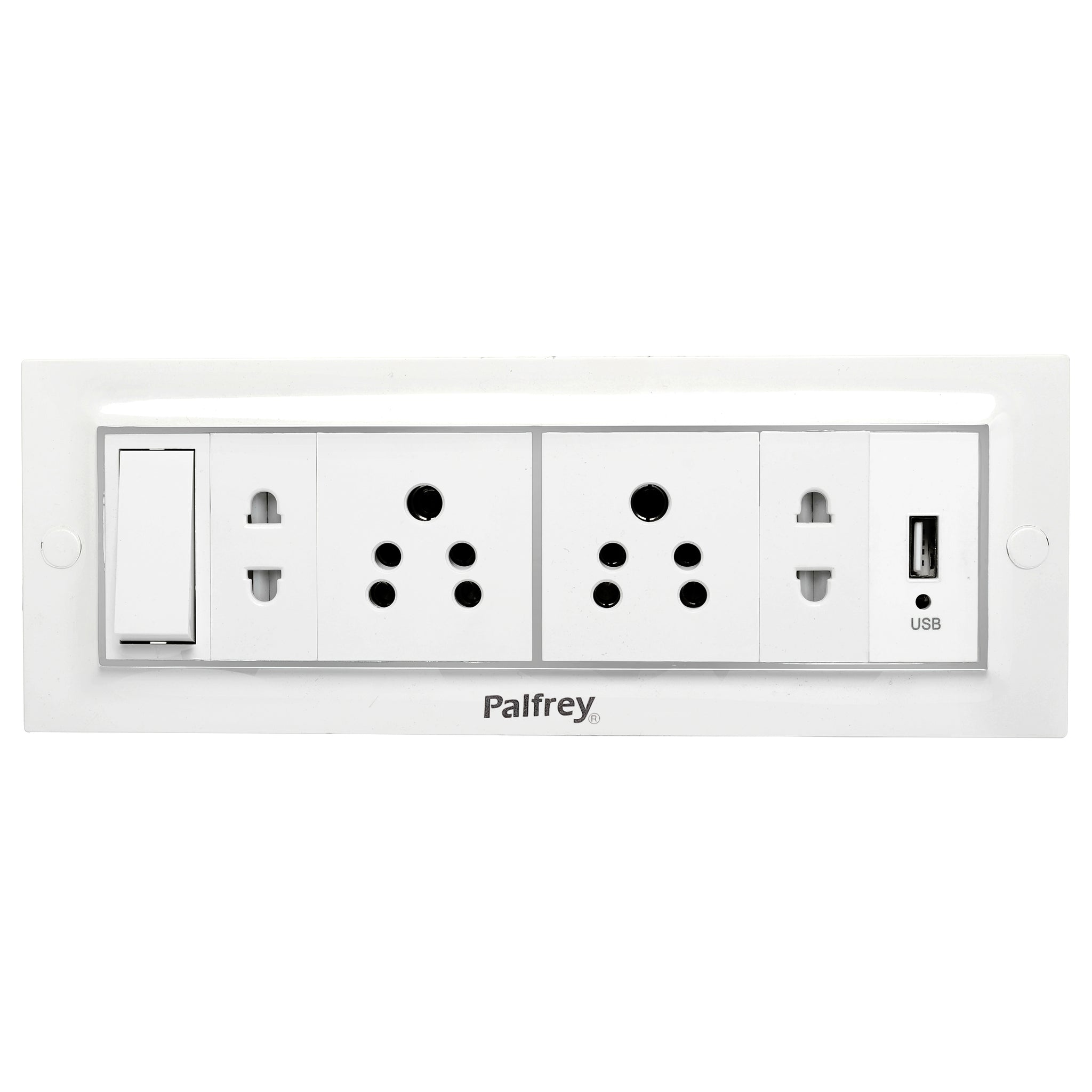 Palfrey Electric Extension Board - 5A + 5A + 2 Universal Two Pin Socket + USB Socket with Master Switch and Heavy Duty Wire (White)