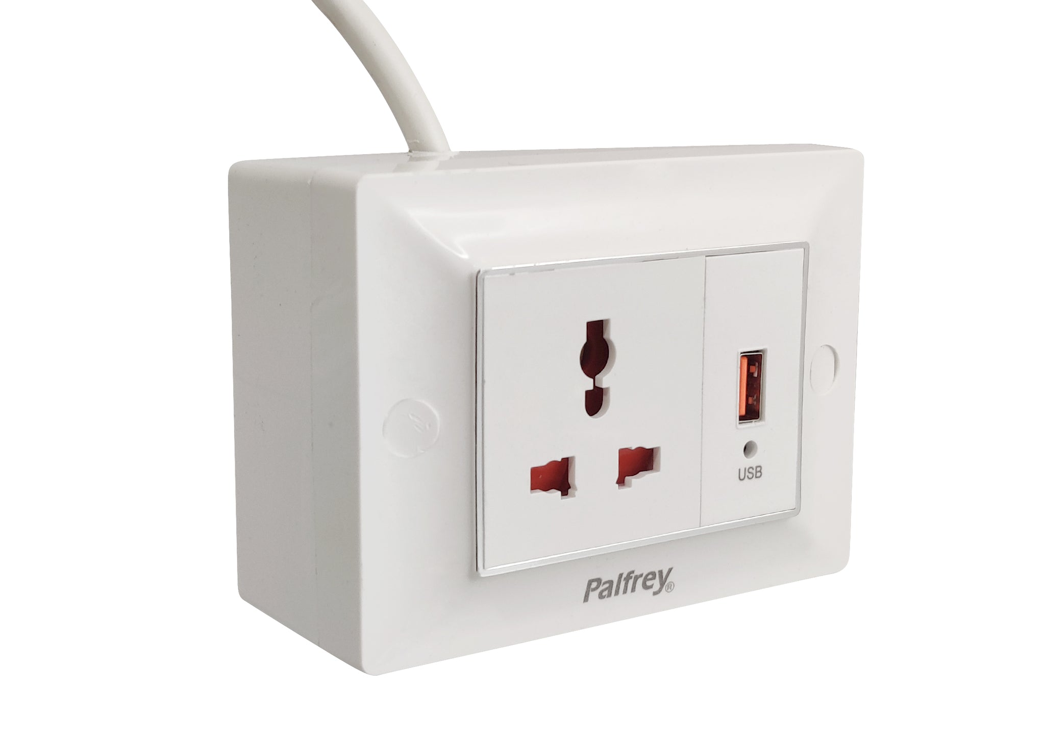Palfrey Electric Extension Board - 1 Universal Socket and 1 USB Socket with 1.0 mm Heavy Duty Wire (White)