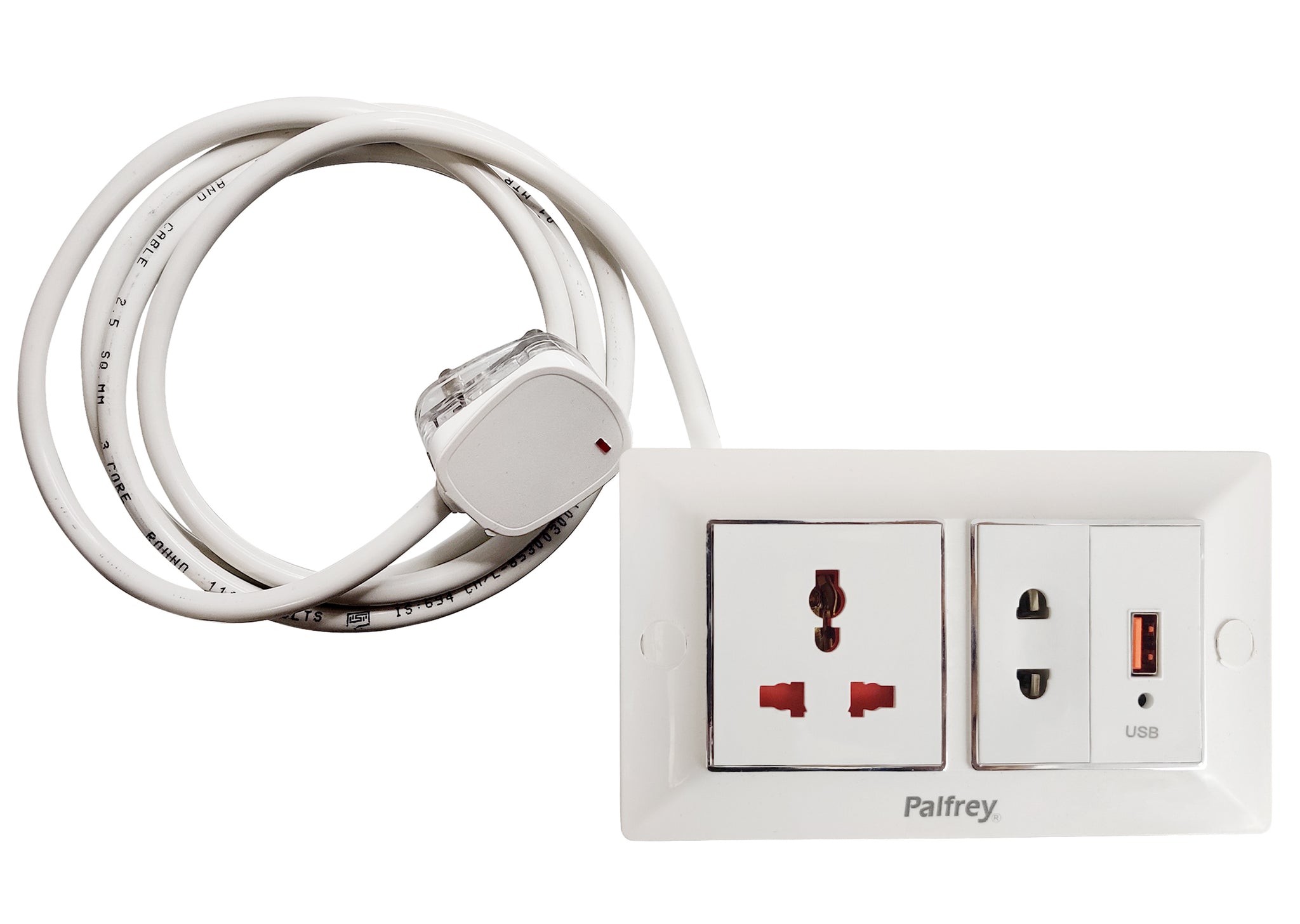 Palfrey Electric Extension Board - 1 Universal Socket + 1 Two Pin Socket + 1 USB Socket with 1.0 mm Heavy Duty Wire (White)