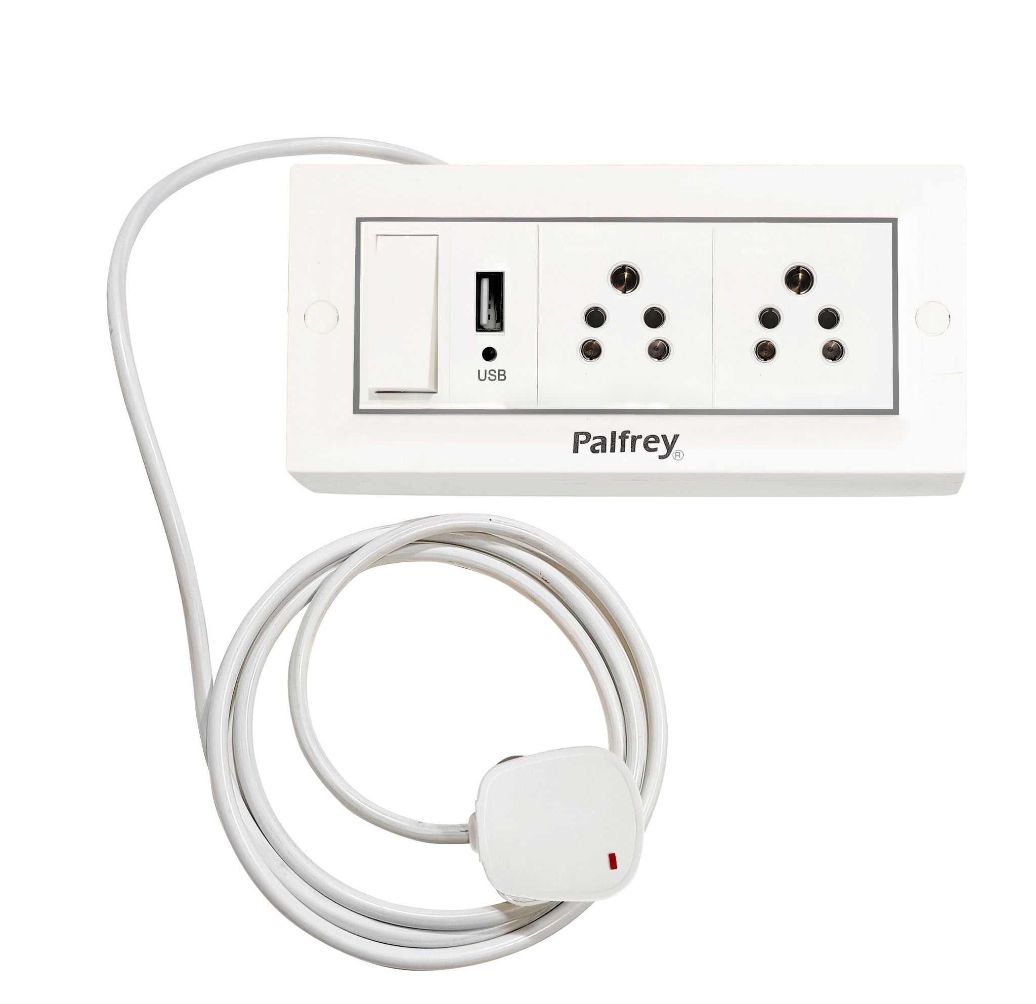 Palfrey Electric Extension Board - 5A + 5A + 1 USB Socket with Master Switch and Heavy Duty Wire (White)