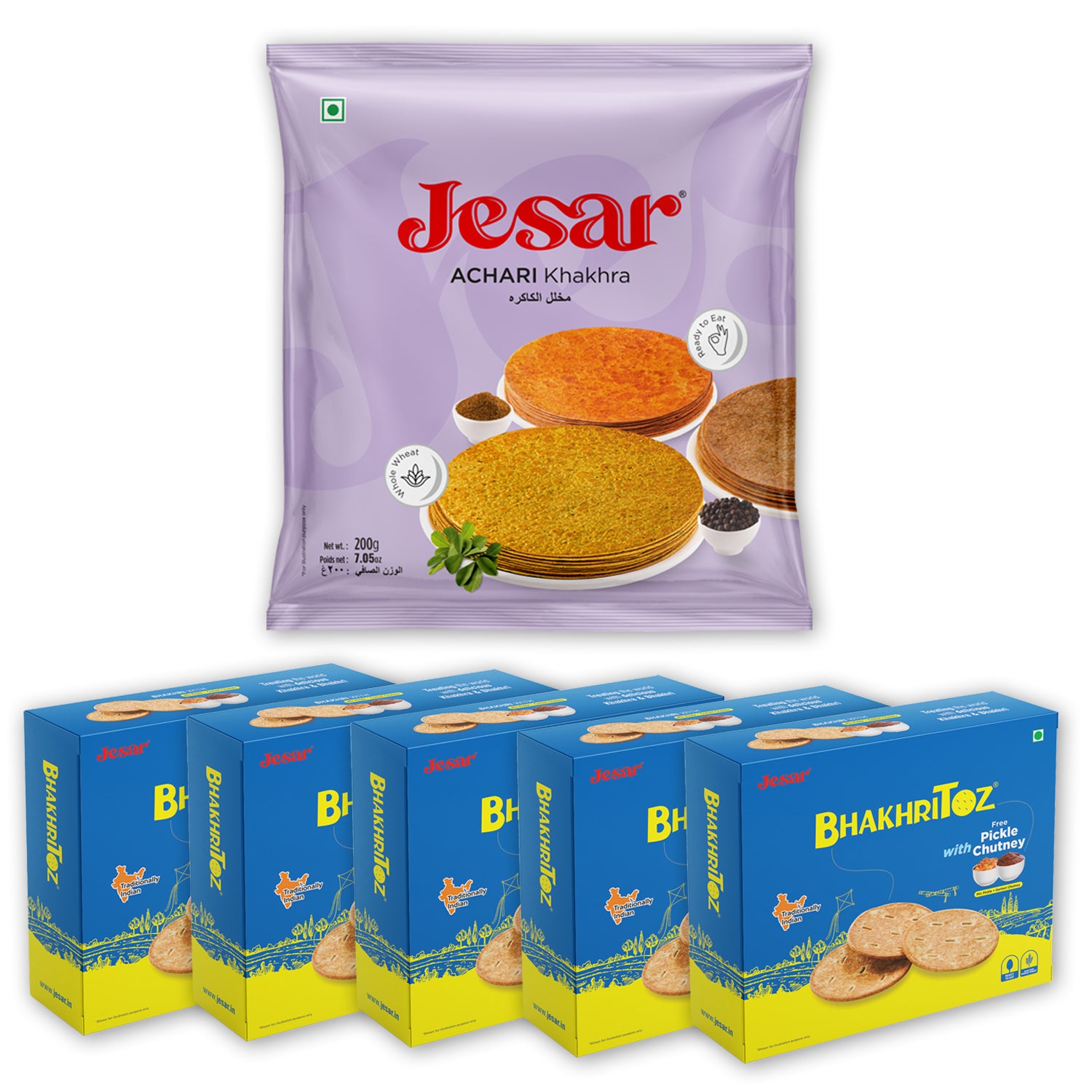 Jesar Namkeen Snacks Combo Achari Khakhra 200g -1 Pkt And BhakhriToz With Mix Pickle and Gorkeri chutney 55g - 5 Pkt