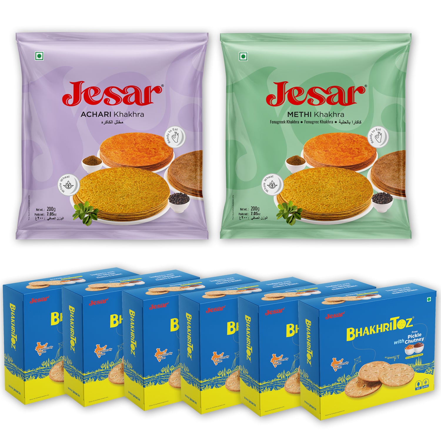 Jesar Namkeen Snacks Combo Achari Khakhra 200g-1 Pkt, Methi Khakhra 200g -1 Pkt And BhakhriToz With Mix Pickle and Gorkeri chutney 55g - 6 Pkt