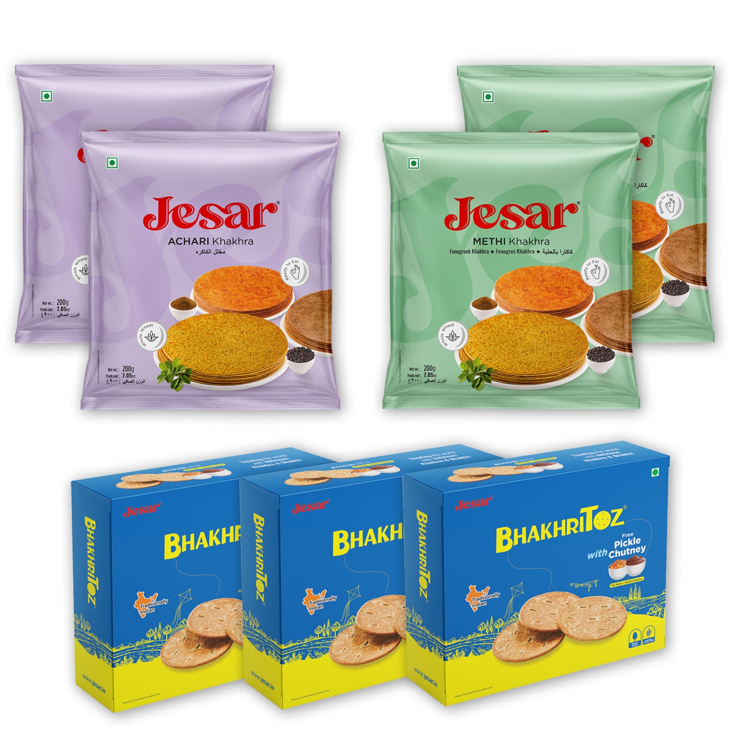 Jesar Namkeen Snacks Combo Achari Khakhra 200g-2 Pkt, Methi Khakhra 200g -2 Pkt And BhakhriToz With Mix Pickle and Gorkeri chutney 55g - 3 Pkt